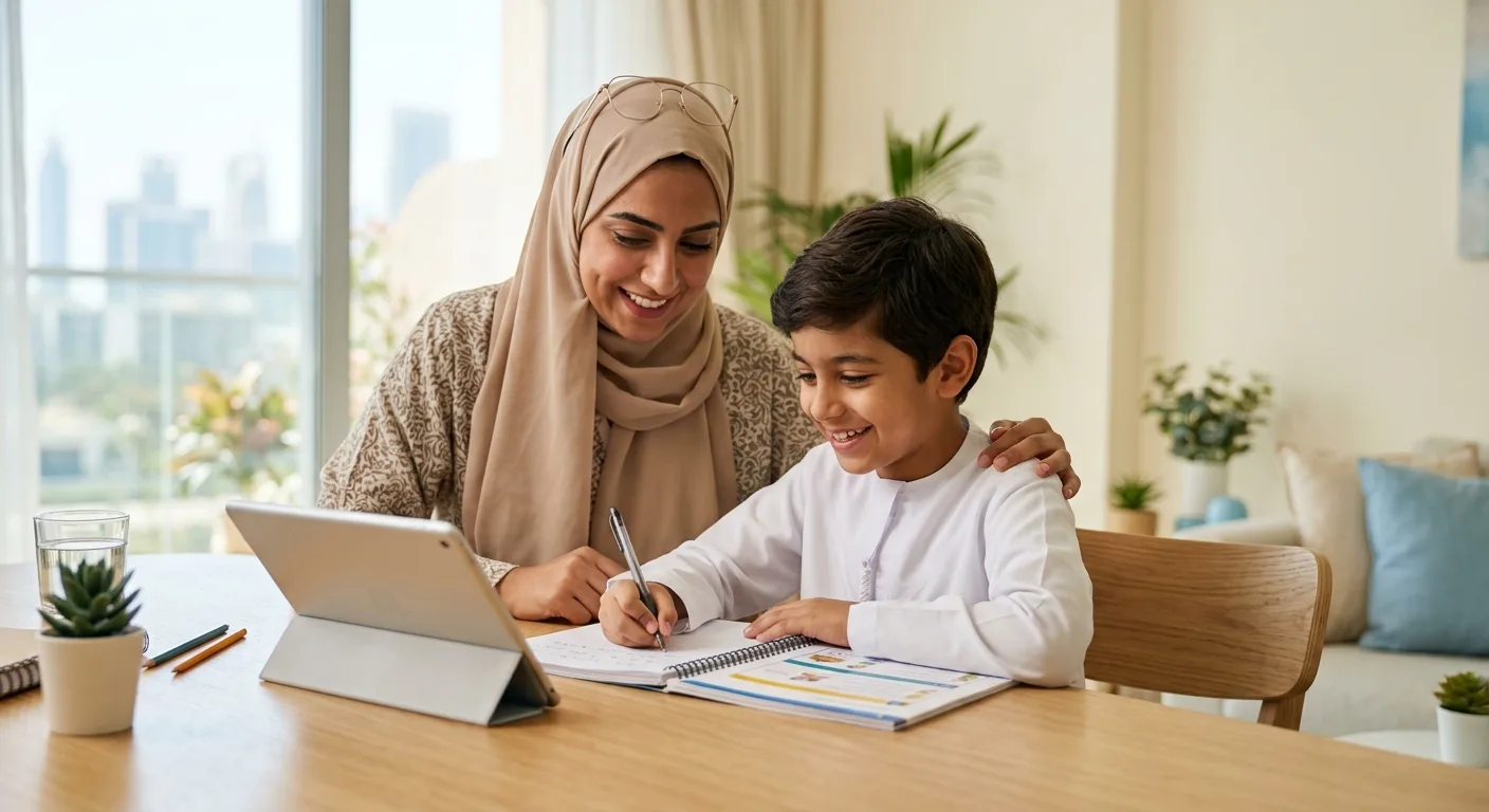 A KHDA-verified teacher helping a child with schoolwork at home in Dubai