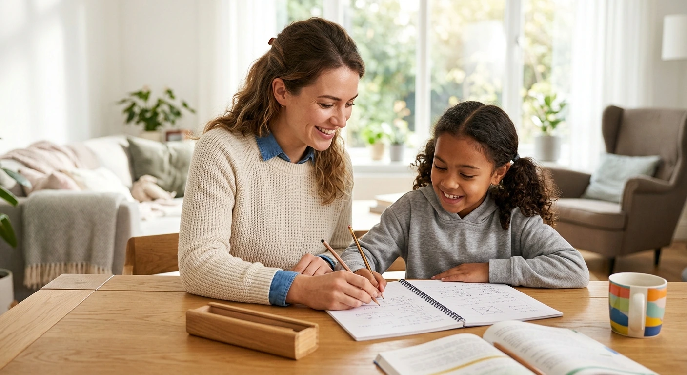 A MOHRE-verified teacher helping a child with schoolwork at home in Dubai